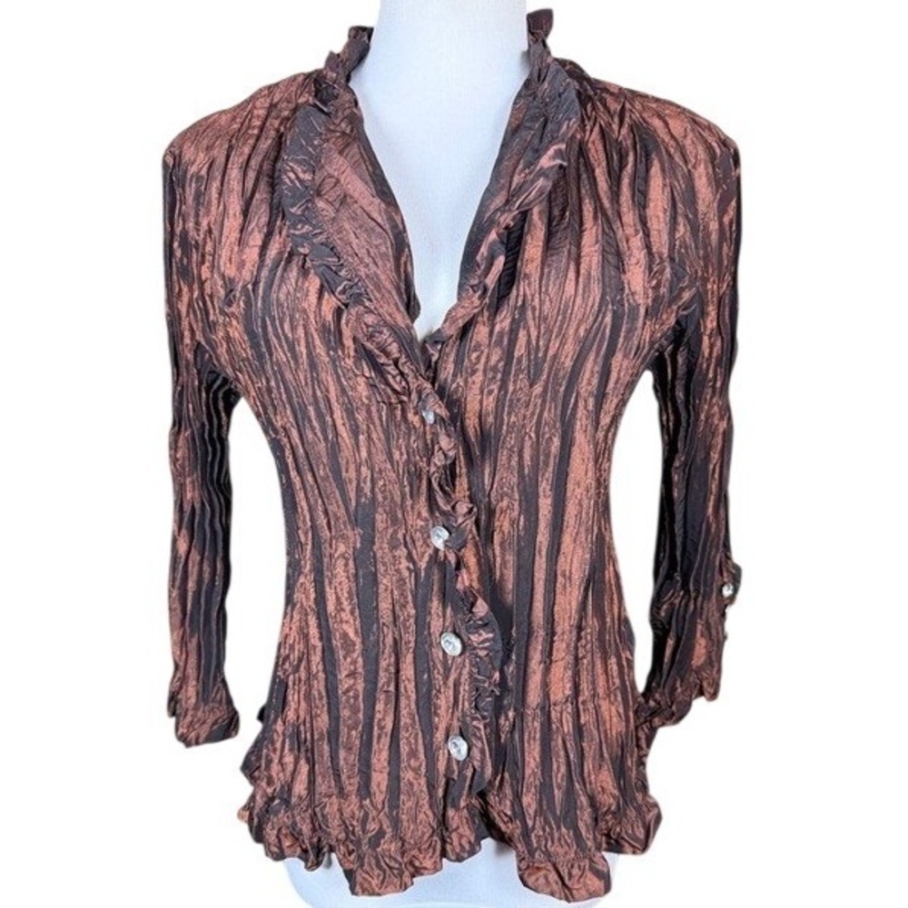 Piano Womens Brown Copper Crinkle Pleated Ruffle Button Front Blouse Size L